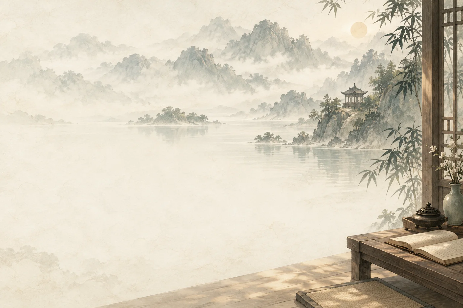 晨雾山水与亭台的静心场景