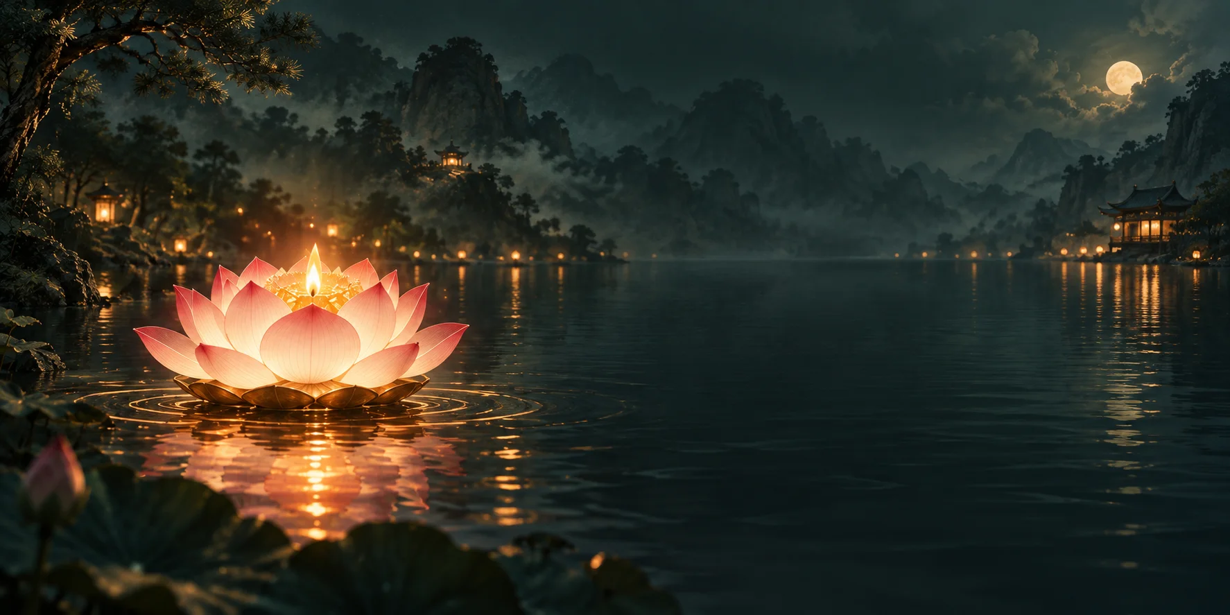 夜色湖面上的莲花心灯与远山灯火